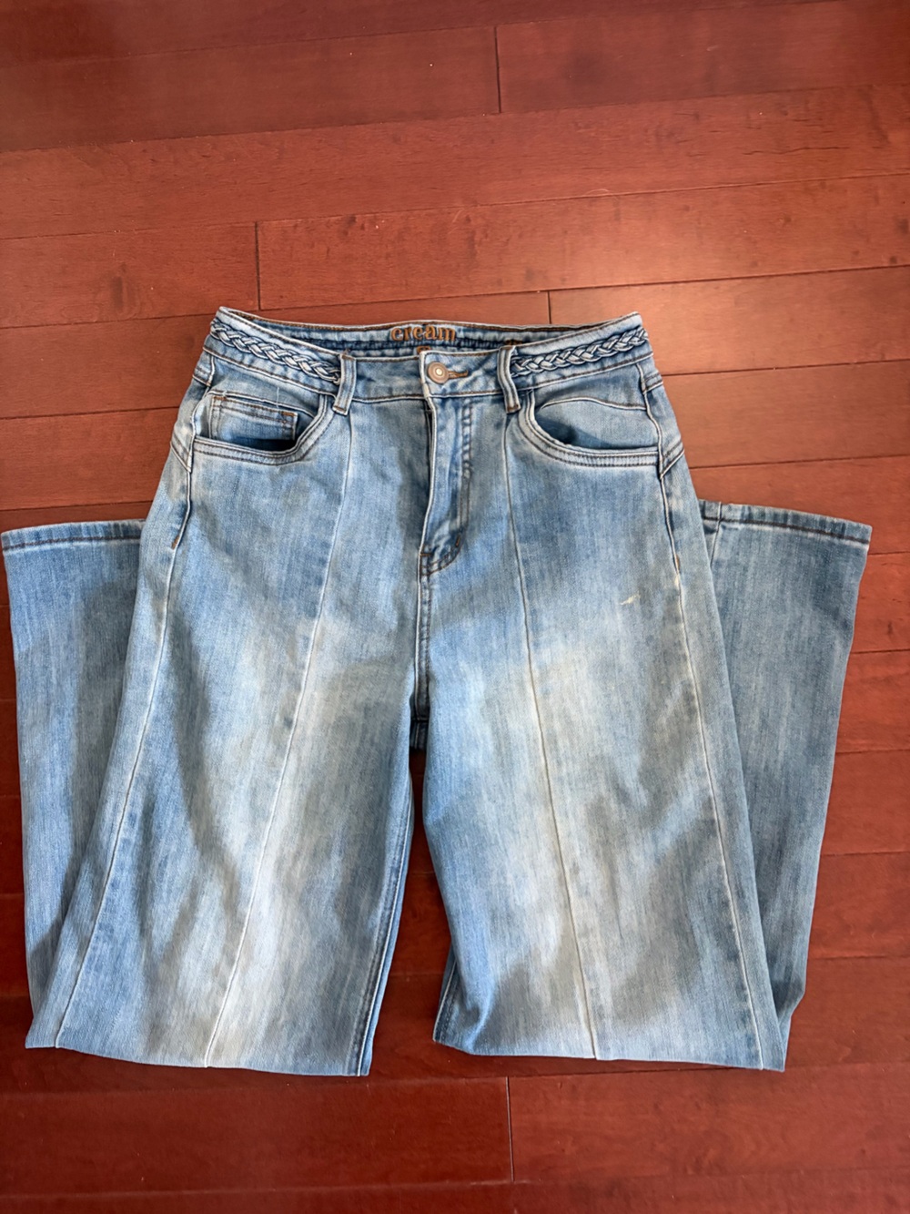 Light Wash Bootcut Jeans with Braided Waistband